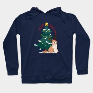 Merry Christmas Tree with Labradoodle Dog with Reindeer Ear Hoodie